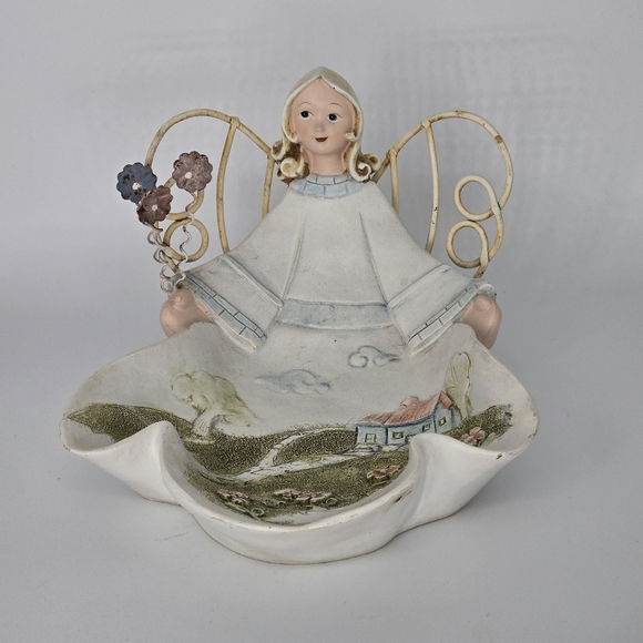 Vintage Angel Trinket Dish Countryside Scene Ceramic & Metal Wings Shabby Chic - Picture 8 of 8